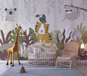 Children's room with animal-themed wallpaper, crib, and toys.