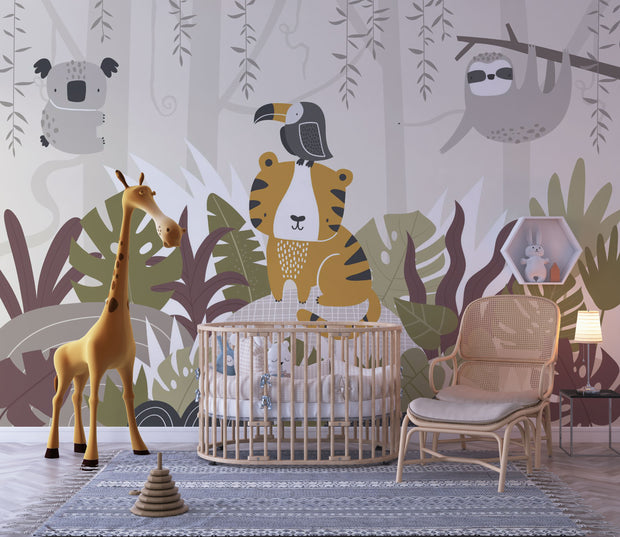 Children's room with animal-themed wallpaper, crib, and toys.