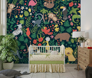 Children's room with a colorful jungle-themed wall mural, crib, and furniture.