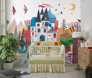 Children's room with colorful mural, crib, and furniture.