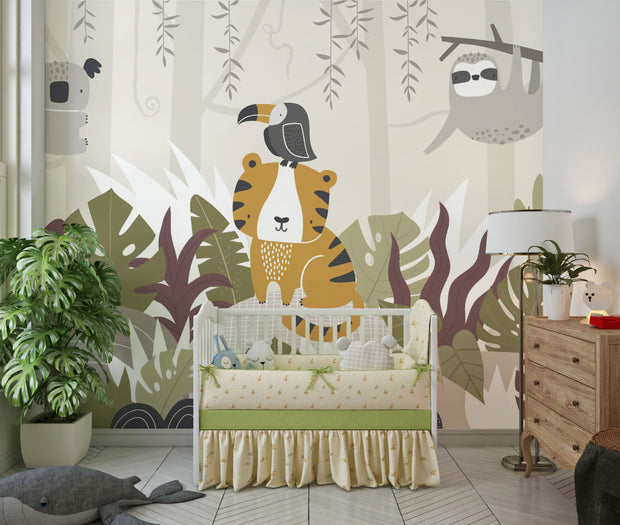 Children's room with a crib, sloth wall mural, and wooden dresser.