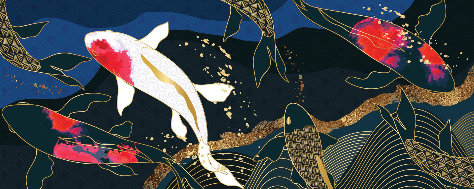 Luxury Japanese Koi Fish Wall Mural – Elegant Gold & Navy Wallpaper with Flowing Koi Fish and Zen-Inspired Design for Sophisticated Interiors.