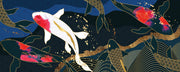 Luxury Japanese Koi Fish Wall Mural – Elegant Gold & Navy Wallpaper with Flowing Koi Fish and Zen-Inspired Design for Sophisticated Interiors.