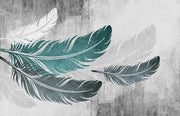 Ethereal Feather Wall Mural – Modern Boho Wallpaper with Floating Teal & White Feathers on a Textured Concrete-Style Background.