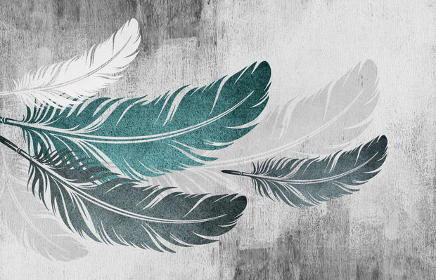 Ethereal Feather Wall Mural – Modern Boho Wallpaper with Floating Teal & White Feathers on a Textured Concrete-Style Background.