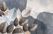 Modern Abstract Leaf & Mountain Wall Mural – Artistic Textured Wallpaper with Botanical Elements and Nature-Inspired Design in Blue, Taupe, and Beige.
