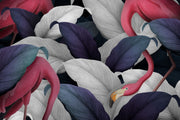 Elegant Tropical Flamingo Wall Mural – Exotic Jungle Wallpaper Featuring Pink Flamingos and Oversized Botanical Leaves in Navy, Silver, and Green for Modern Interiors.