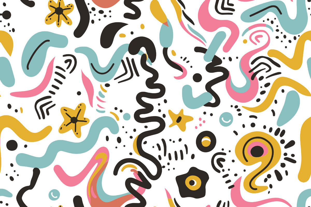 A colorful abstract pattern featuring wavy lines, stars, dots, and organic shapes in black, pink, light blue, mustard yellow, and coral orange on a white background.