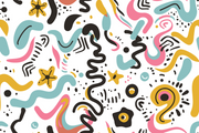 A colorful abstract pattern featuring wavy lines, stars, dots, and organic shapes in black, pink, light blue, mustard yellow, and coral orange on a white background.