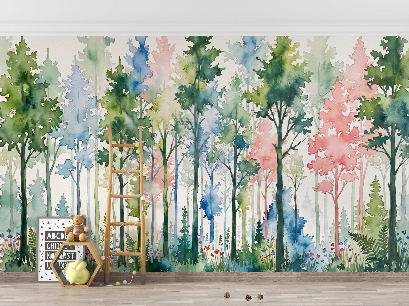 Colorful forest mural with a wooden ladder and teddy bear on a wooden floor.