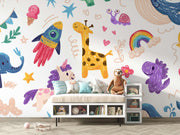 Children's room with colorful animal-themed wallpaper and toys on a shelf.