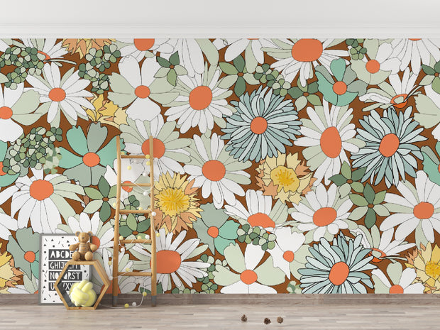Wallpaper with colorful floral pattern on a wall with a ladder and decor items.