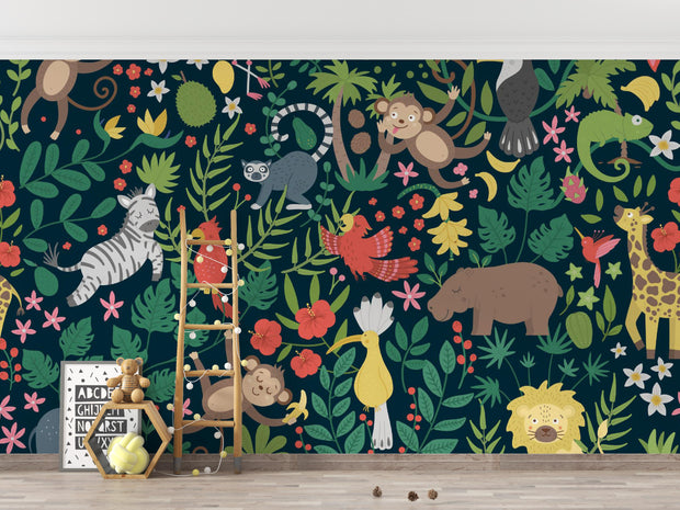 Wallpaper with jungle animals and plants on a dark blue background, with toys and decor items below.
