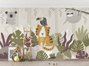 Wallpaper with a tiger, toucan, and sloth in a jungle setting with plants and a ladder.