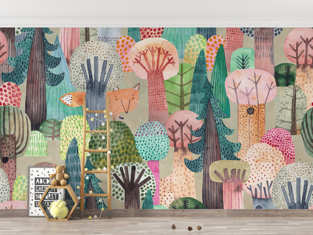 Colorful forest mural with trees, animals, and a ladder on a wall.