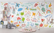 Colorful children's wall mural with various illustrations in a room.
