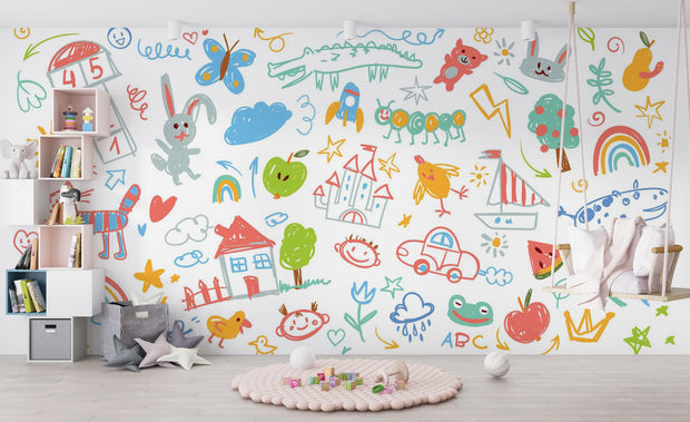 Colorful children's wall mural with various illustrations in a room.