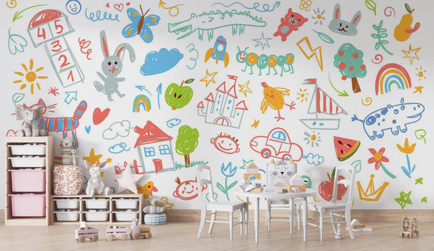 Colorful children's wall mural with various illustrations in a room.