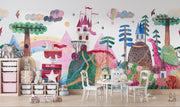 Colorful mural of fantasy landscape with castle, trees, and animals on a wall.