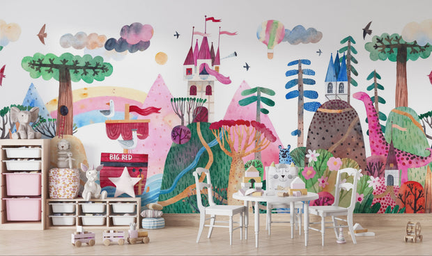 Colorful mural of fantasy landscape with castle, trees, and animals on a wall.