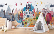 Children's room with colorful wall mural, teepee, and toys on a wooden floor.