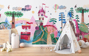 Children's room with a colorful mural, teepee, and toys on a wooden floor.
