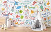 Children's room with colorful wall mural featuring various illustrations and a white teepee.