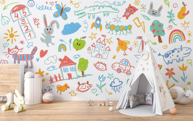 Children's room with colorful wall mural featuring various illustrations and a white teepee.