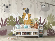 Children's room with animal-themed wallpaper, furniture, and toys.