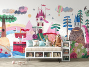 Children's room with colorful mural, sofa, and toys.