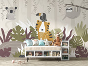 Children's room with animal-themed wallpaper, furniture, and toys.