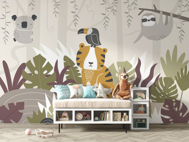 Children's room with animal-themed wallpaper, furniture, and toys.