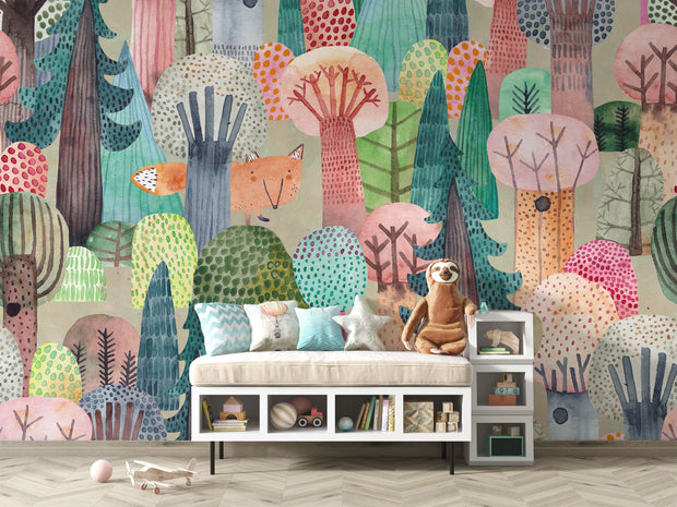 Children's room with colorful forest mural, bench, and toys.