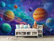 Room interior with space-themed wallpaper featuring planets and a teddy bear on a bed.