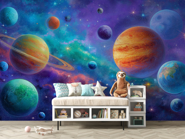 Room interior with space-themed wallpaper featuring planets and a teddy bear on a bed.