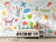 Children's room with colorful wall mural featuring various drawings and a white bench.