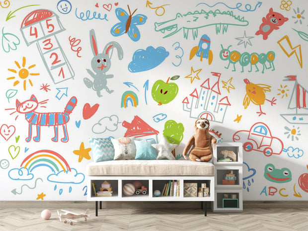 Children's room with colorful wall mural featuring various drawings and a white bench.