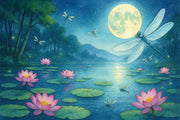 Enchanting moonlit lily pond wall mural with glowing fireflies, dragonflies, and pink water lilies in a magical forest setting