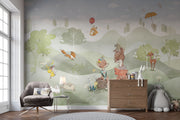 Woodland animal wall mural featuring foxes, deer, rabbits and a duck in a peaceful green forest; perfect for nurseries, playrooms and kid's bedrooms.