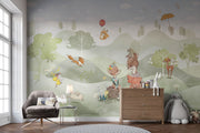 Woodland animal wall mural featuring foxes, deer, rabbits and a duck in a peaceful green forest; perfect for nurseries, playrooms and kid's bedrooms.
