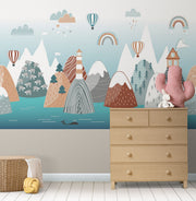 Scandinavian-style mountains wall mural with hot air balloons, rainbows, and cozy landscapes in soft earthy tones – perfect for kids' rooms and nurseries.
