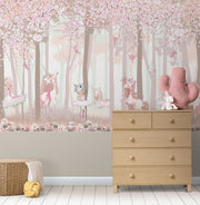 Fairy Forest Wall Mural with whimsical fairies, unicorns, cherry blossoms, and woodland scenery, perfect for a magical-themed children's room.