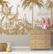 A sophisticated golden jungle wall mural with giraffes, monkeys, and zebras in lush tropical foliage, designed for a safari-themed kid's room or nursery.