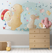 Illustrated woodland animal wall mural featuring a bear playing a drum, a bunny with marbles, a hedgehog with lights, and a mouse with maracas, surrounded by music notes and confetti – perfect for nurseries and kids’ rooms.