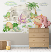 Watercolour little dinosaurs wall mural, perfect for decorating kids room or playroom.
