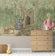 Enchanted forest treehouse wall mural featuring a whimsical woodland scene with rustic furniture, cozy decor, and fairy tale charm, perfect for a kids' room.
