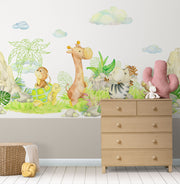 Safari Playground wall mural with watercolor giraffe, zebra, lion, and jungle leaves in a baby nursery or kid's  
nursery.