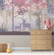 Deer and woodland silhouette mural with soft pastel trees, creating a peaceful forest scene for kids’ rooms and nurseries.