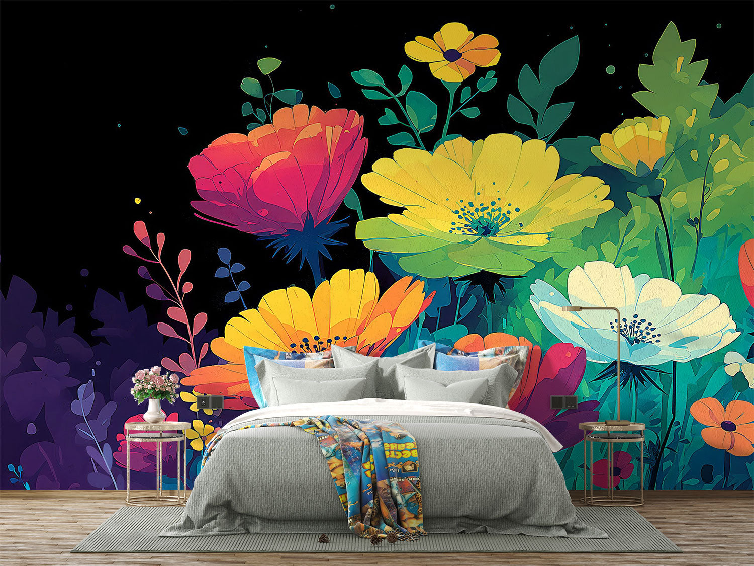 Bedroom with colorful floral mural on a dark background