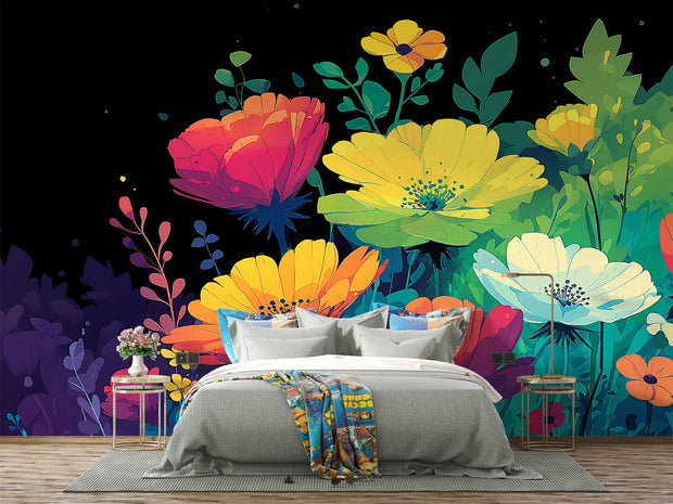 Bedroom with colorful floral mural on a dark background
